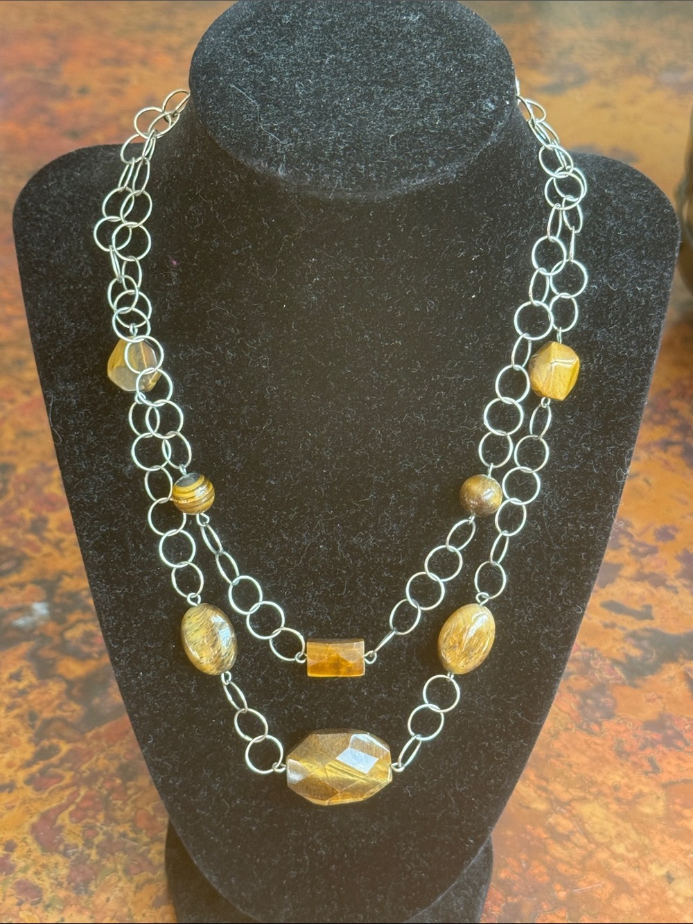 Brown Tiger's Eye Beaded Double-Strand Silver Link Necklace- 18” w/ 3” Extender - Picture 5 of 5